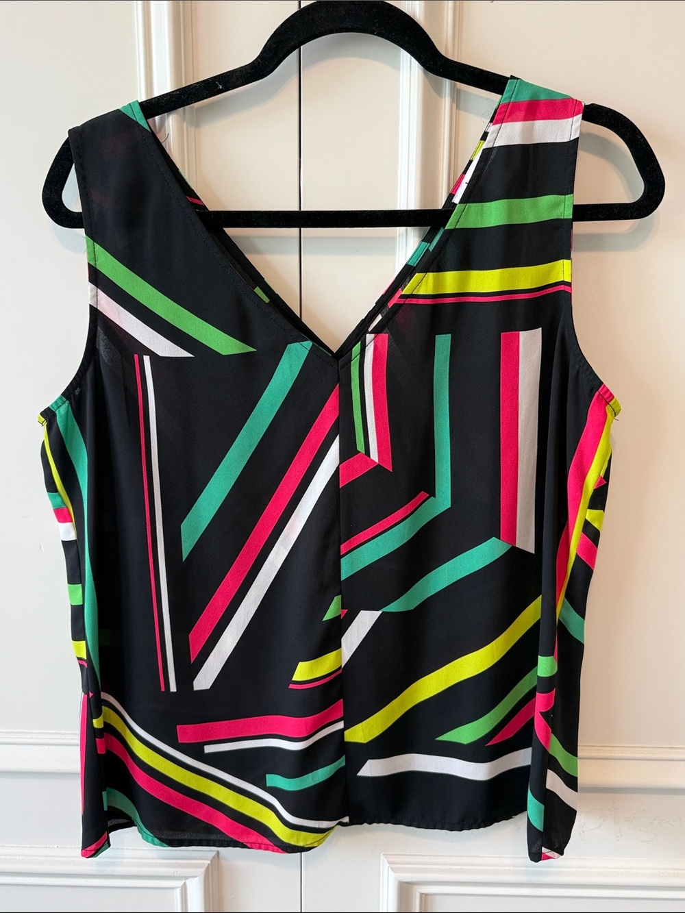 Sleeveless V-Neck Geometric Stripe Women’s Dress Top - Black with Neon Accents